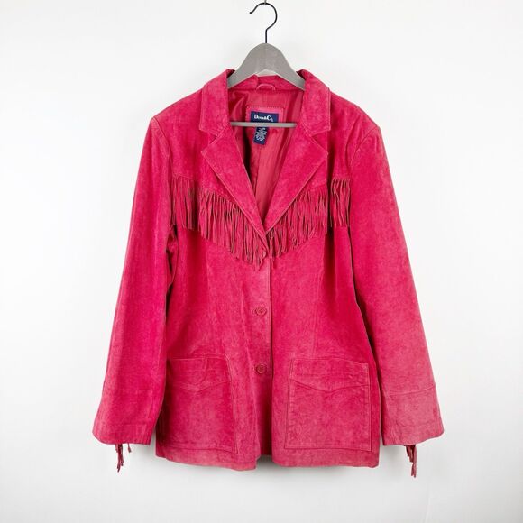 Vintage Denim & Co Women's Red Pink Suede Leather Fringe Western Cowgirl Jacket - Picture 1 of 16